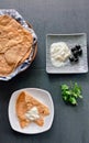 Breakfast time was a beautiful moment at morning , having flat bread, yogurt and olive Royalty Free Stock Photo
