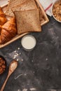 Breakfast with toast and croissant. milk in a glass bottle. Good start to the day. Good morning Royalty Free Stock Photo