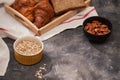 Breakfast with toast and croissant. milk in a glass bottle. Good start to the day. Good morning Royalty Free Stock Photo