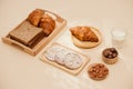 Breakfast with toast and croissant. milk in a glass bottle. Good start to the day. Good morning Royalty Free Stock Photo