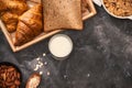 Breakfast with toast and croissant. milk in a glass bottle. Good start to the day. Good morning Royalty Free Stock Photo