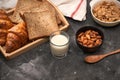 Breakfast with toast and croissant. milk in a glass bottle. Good start to the day. Good morning Royalty Free Stock Photo