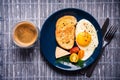 Breakfast - toast, egg, tomatoes and cheese and a cup of hot coffee. Royalty Free Stock Photo