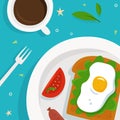 Breakfast with toast, eggs and coffee on plate. Flat