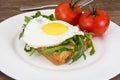 Breakfast toast with fried egg and arugula Royalty Free Stock Photo