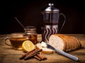 Breakfast with toast, jam and black tea, closeup