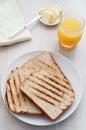 Breakfast toast, juice and butter top view