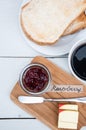 Breakfast: toasts, butter, raspberry jam, cup of black coffee