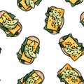 Breakfast toasts doodles seamless border pattern. Cute cartoon tasty tapas with avocado repeatable background tile. Cozy template