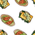 Breakfast toasts doodles seamless border pattern. Cute cartoon tasty tapas with avocado, tomatoes and pesto repeatable background