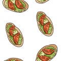 Breakfast toasts doodles seamless border pattern. Cute cartoon tasty tapas with tomatoes and pesto repeatable background tile.