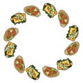 Breakfast toasts doodles wreath. Cute cartoon tasty tapas with avocado, tomatoes and pesto in comic art style