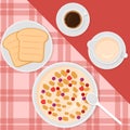 Breakfast top view vector illustration in flat style with muesli or oatmeal, milk, coffee and toasts.