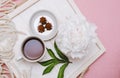 Breakfast tray in bed : coffee, candy and flower. Royalty Free Stock Photo