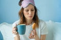Breakfast on tray in bed for young beautiful funny woman Royalty Free Stock Photo