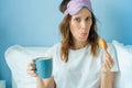 Breakfast on tray in bed for young beautiful funny woman Royalty Free Stock Photo