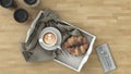 Breakfast tray coffee croissant on wood table background top view