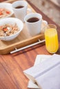 Breakfast on tray on coffee table