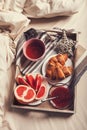 Breakfast on tray in morning bed