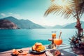 Breakfast with tropical fruits by the sea near mountains, summer vacation concept, generative ai