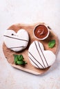 Breakfast for two, Valentines day food for couple in love with chocolate donuts Royalty Free Stock Photo