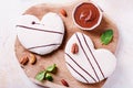 Breakfast for two, Valentines day food for couple in love with chocolate donuts Royalty Free Stock Photo