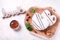 Breakfast for two, Valentines day food for couple in love with chocolate donuts Royalty Free Stock Photo