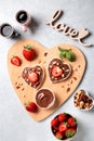 Breakfast for two, Valentines day food for couple in love with chocolate toasts and strawberry Royalty Free Stock Photo