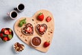 Breakfast for two, Valentines day food for couple in love with chocolate toasts and strawberry, web banner Royalty Free Stock Photo