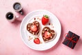Breakfast for two, Valentines day food for couple in love with chocolate toasts and strawberry Royalty Free Stock Photo
