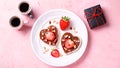 Breakfast for two, Valentines day food for couple in love with chocolate toasts and strawberry Royalty Free Stock Photo