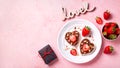 Breakfast for two, Valentines day food for couple in love with chocolate toasts and strawberry Royalty Free Stock Photo