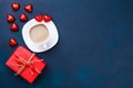 Breakfast at Valentine`s Day. Cup of coffee with heart shaped ch Royalty Free Stock Photo