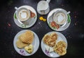 Breakfast on Valentine`s Day - fried omelete, bread, apple and White cheese in the shape of a heart coffe and milk. Top view Royalty Free Stock Photo