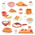 Breakfast vector coffee and fried eggs with sweet dessert in the morning illustration set of healthy food porridge or