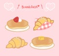 Breakfast vector coffee and fried eggs with sweet dessert in the morning illustration set of muffins and croissants