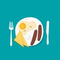 Breakfast vector illustration. Plate with sausage, sandwich and egg. Flat style