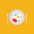 Breakfast vector illustration. Plate with sausage, sandwich and egg. Flat style