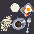 Breakfast view from above. Vector illustration of a cup of coffee, toast and eggs. Vector illustration Royalty Free Stock Photo