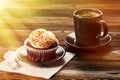 Breakfast view a bunch of croissant and a cup of coffee with cafe vibe background. Royalty Free Stock Photo