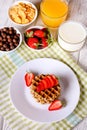 breakfast: Waffels with strawberry, orange juice and milk