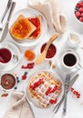 Breakfast with waffle, toast, berry, jam, chocolate spread and Royalty Free Stock Photo