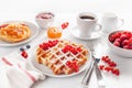 Breakfast with waffle, toast, berry, jam, chocolate spread and c Royalty Free Stock Photo