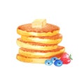Breakfast. Watercolor pancakes with three blueberries and strawberrie in bottom and butter in the top isolated in white background