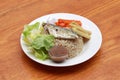 Breakfast in the white round plate. Fried mackerel and Rice with Spicy Shrimp Paste Dip and vegetable, Chinese cabbage, baby corn Royalty Free Stock Photo