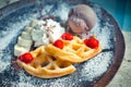 Breakfast with wholegrain brussels waffles and whipped cream, redberries Royalty Free Stock Photo