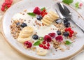 Breakfast of yogurt, fresh fruits and muesli. Royalty Free Stock Photo