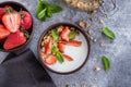 Breakfast with yogurt, granola of muesli and strawberries. Healthy Vegan Clean Diet Food Concept Royalty Free Stock Photo