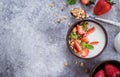 Breakfast with yogurt, granola of muesli and strawberries. Healthy Vegan Clean Diet Food Concept Royalty Free Stock Photo