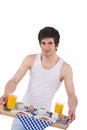 Breakfast - young man holding tray with breakfast Royalty Free Stock Photo